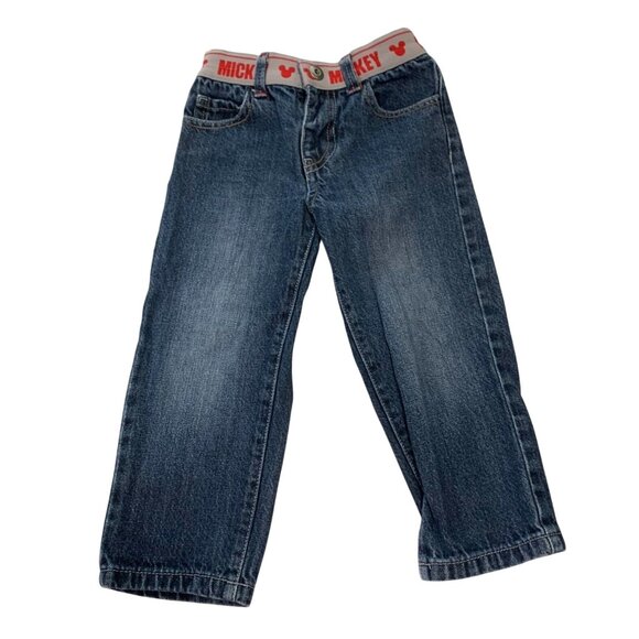 Vintage Y2K Disney Mickey Mouse Blue Jeans Pull On Red Gray waist band Spellout - Picture 2 of 4